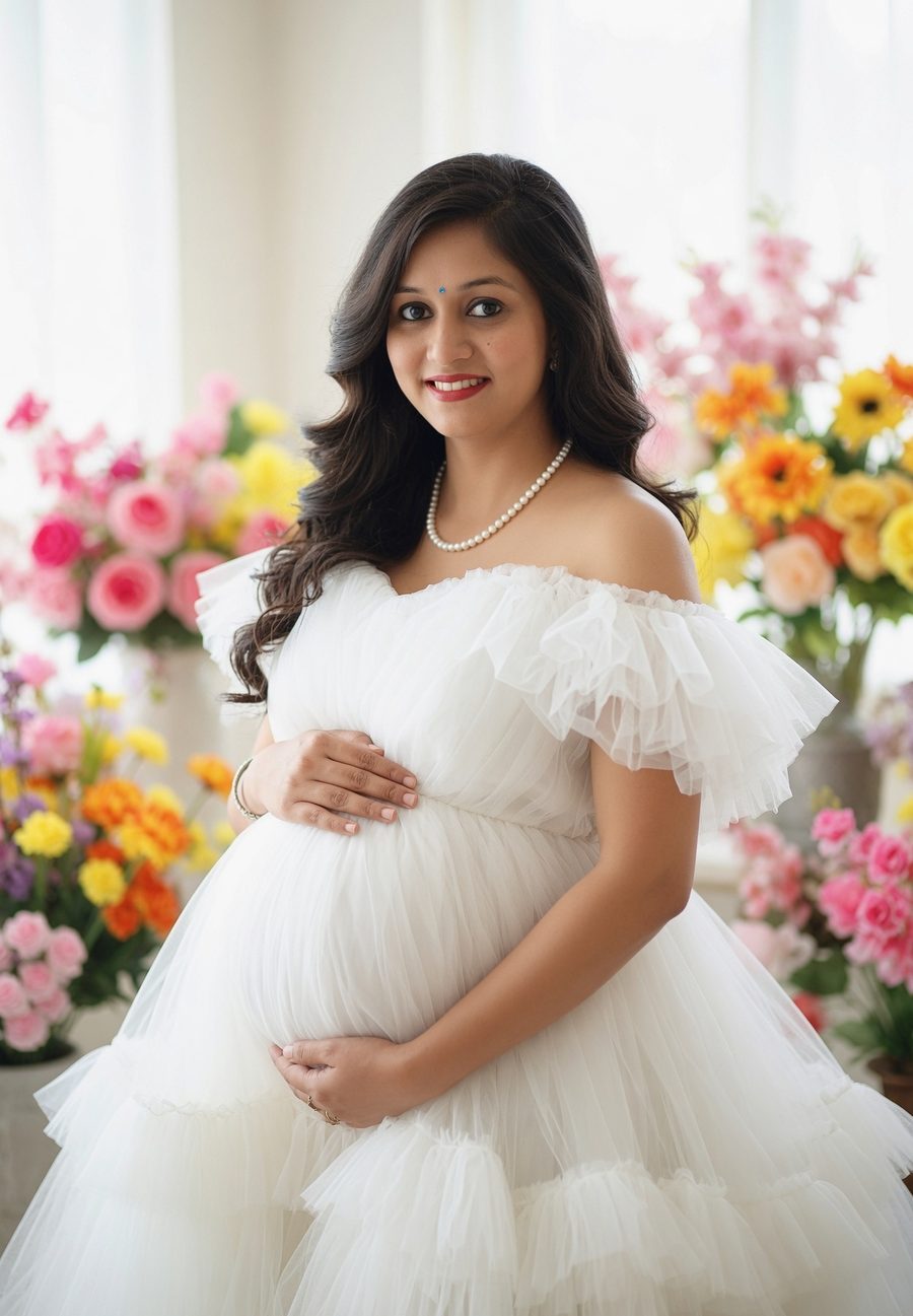 After: soft white floral AI maternity portrait